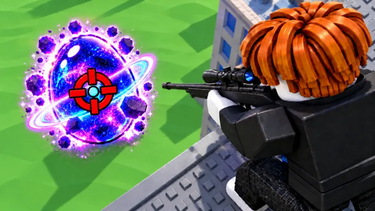 Player aiming a sniper rifle through the scope at a rare galaxy egg in Shoot For Eggs