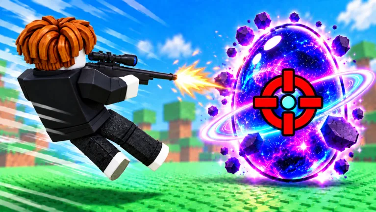 Roblox character firing a sniper rifle at a glowing galaxy egg in Shoot For Eggs