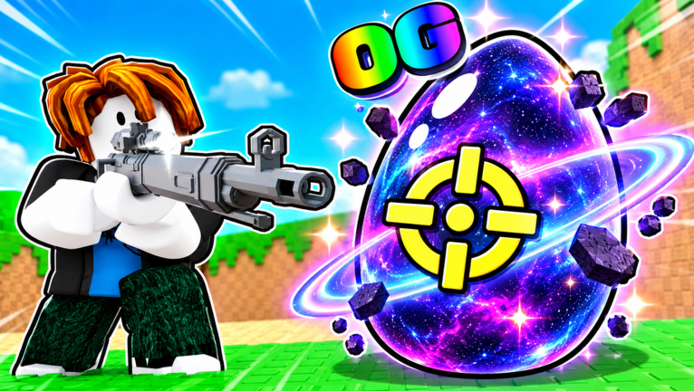 Shoot For Eggs character with a rifle next to a giant OG galaxy egg